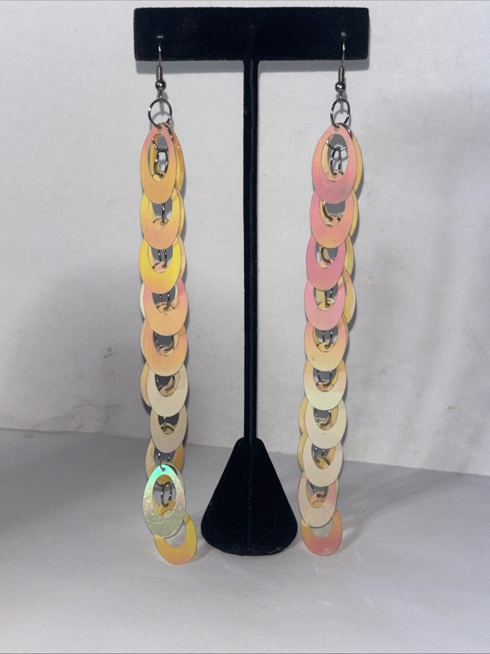 Vintage Y2K Pastel Sequin Link Dangle Earrings Long Statement Festival 6 Inch